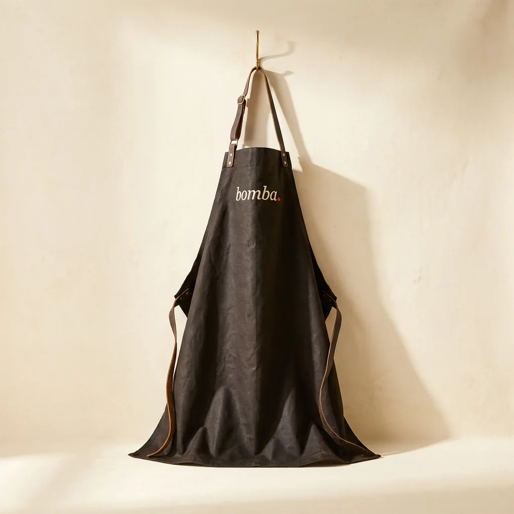 Heavyweight waxed canvas chef's apron in dark ink with embroidered wordmark.