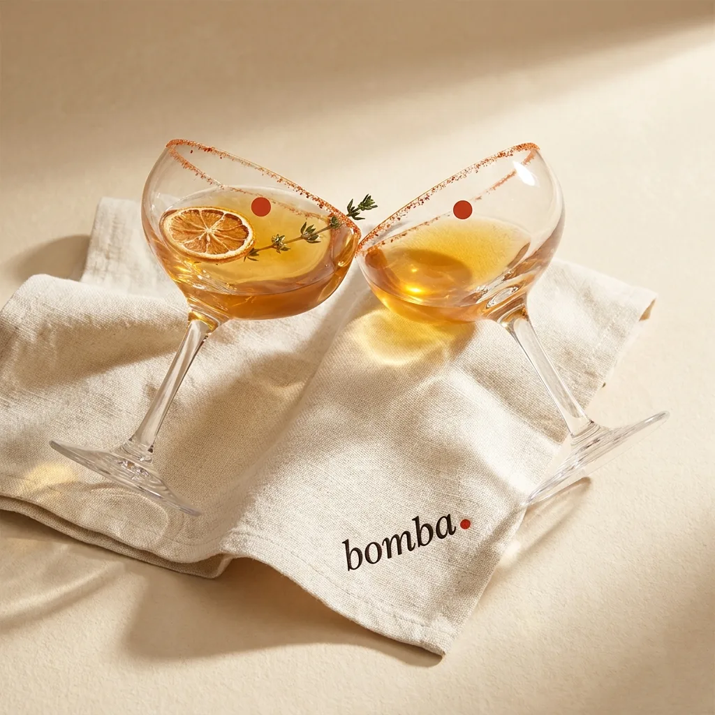A pair of hand-blown stemmed crystal coupes on cream linen.