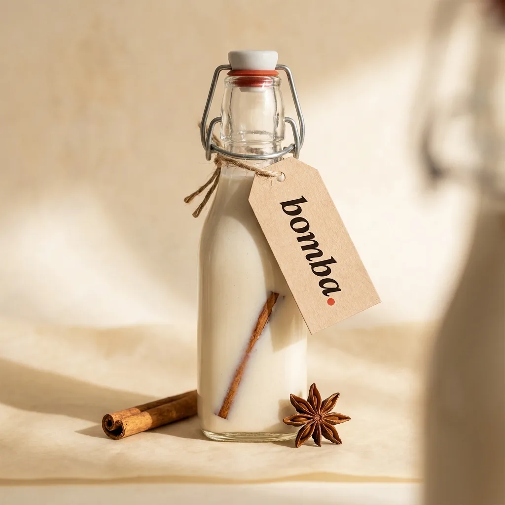 Glass swing-top bottle of homemade coquito with a kraft paper label.