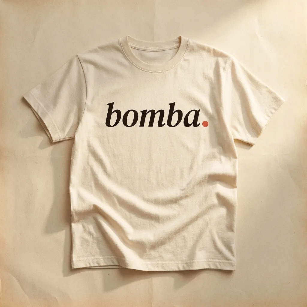Cream cotton t-shirt with the Bomba italic wordmark across the chest.