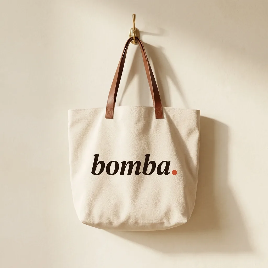 Natural canvas tote with leather handles and the Bomba wordmark.