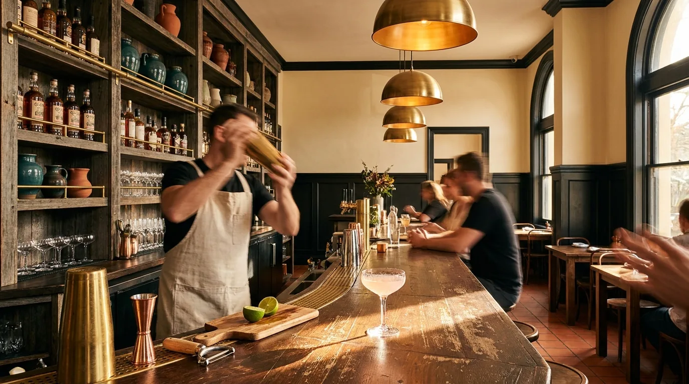 The Bomba bar at golden hour, brass shaker, a hand-blown coupe, dark rum bottles.