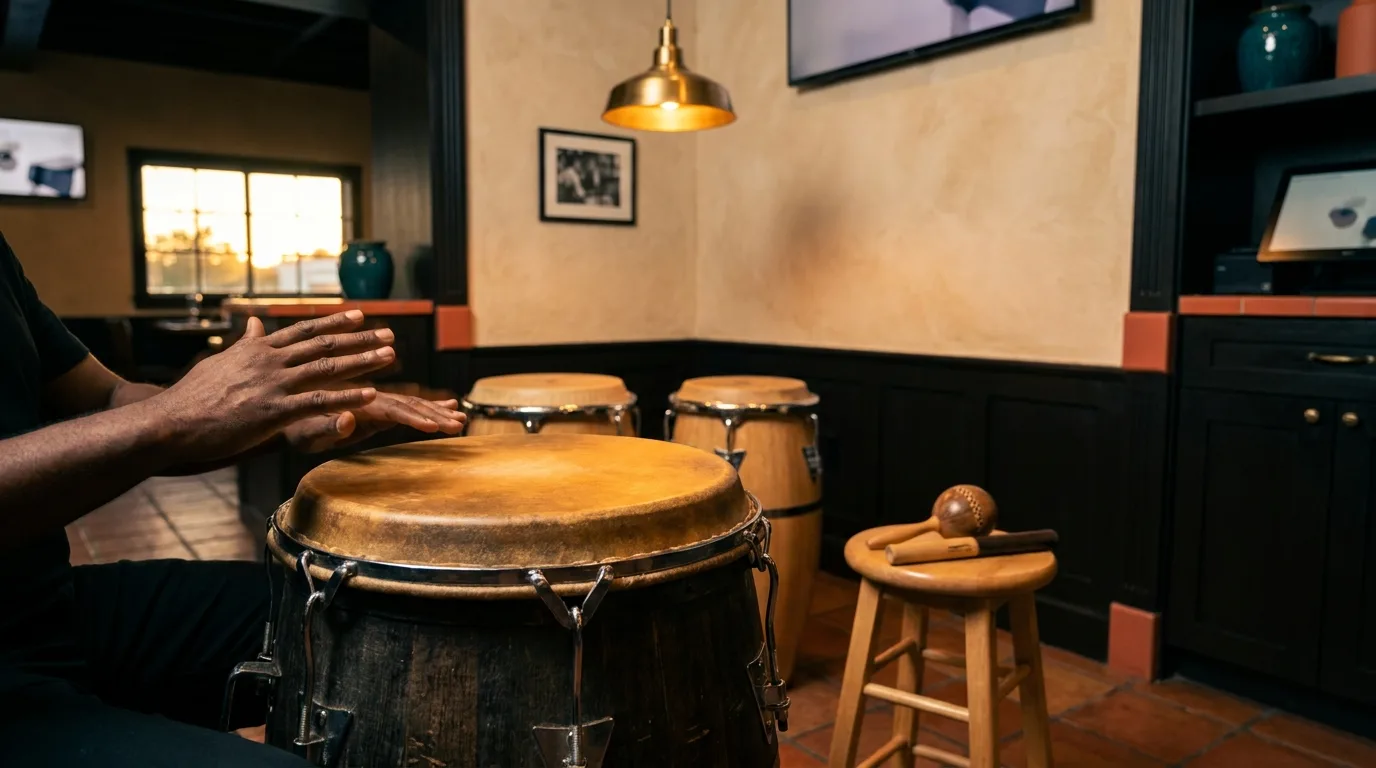 Three traditional Puerto Rican bomba barril drums in warm pendant light during a Friday night set.