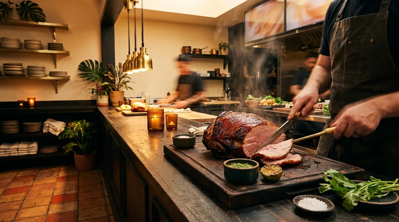 A whole pernil being carved at the pass, its crackling skin glistening.