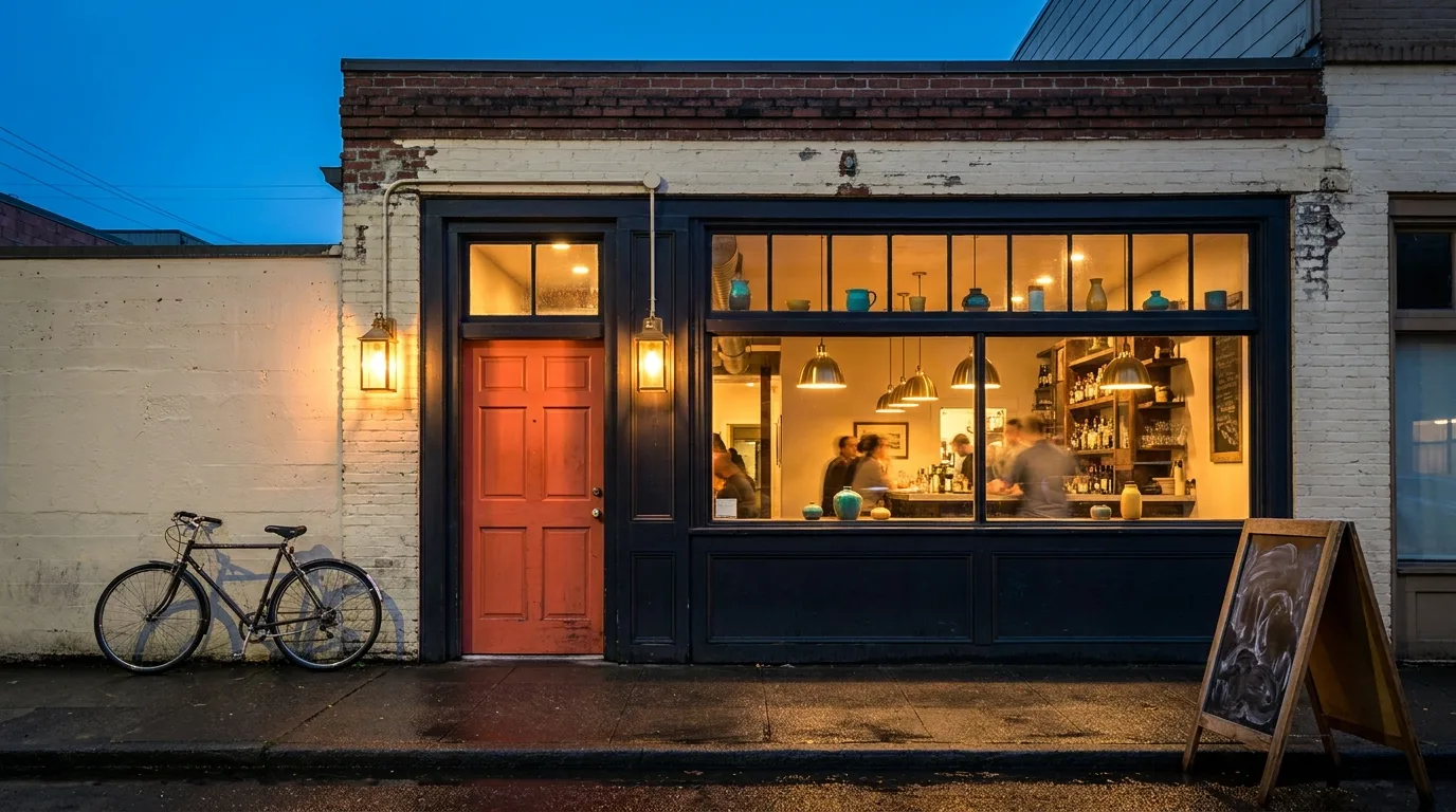The coral-orange front door of Bomba on Mississippi Avenue at dusk, warm light spilling from the window.