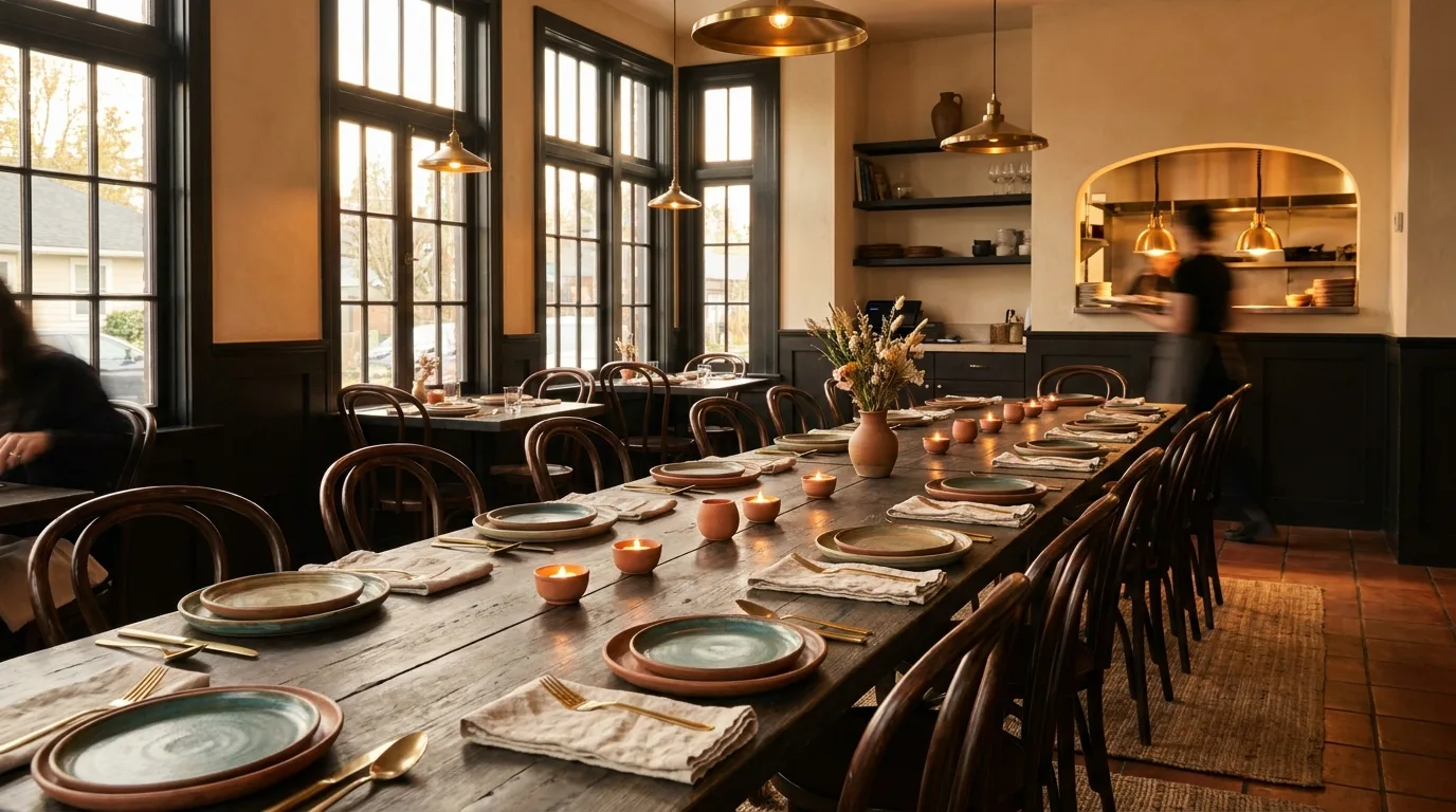 The Bomba dining room at evening service — communal table, brass pendant lights, terracotta tile floor, open kitchen pass.
