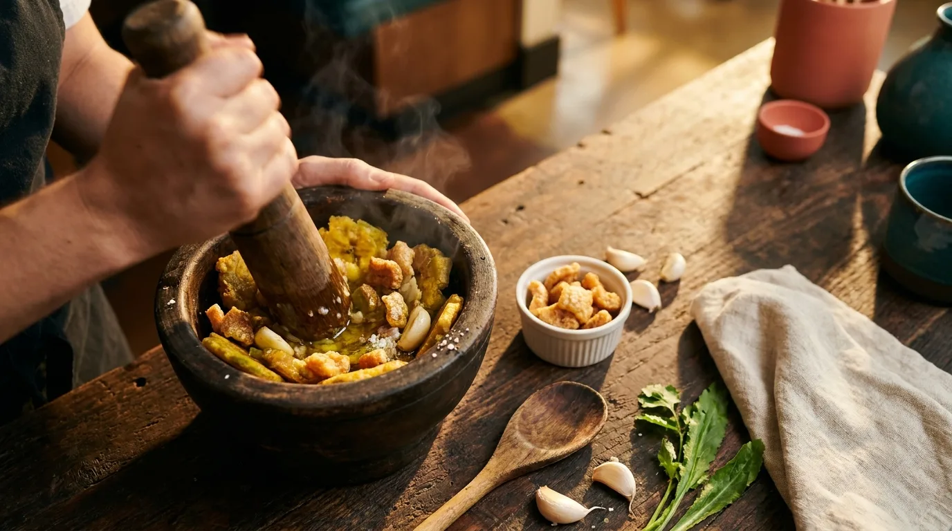 Green plantains being mashed in a wooden pilón with garlic and chicharrón.