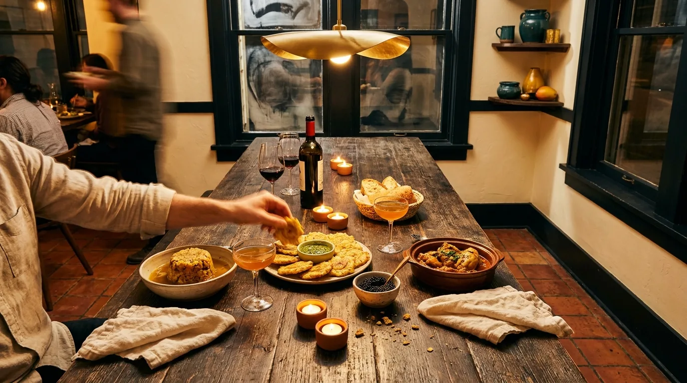 A communal table mid-meal — mofongo, tostones, cocktails, candlelight.